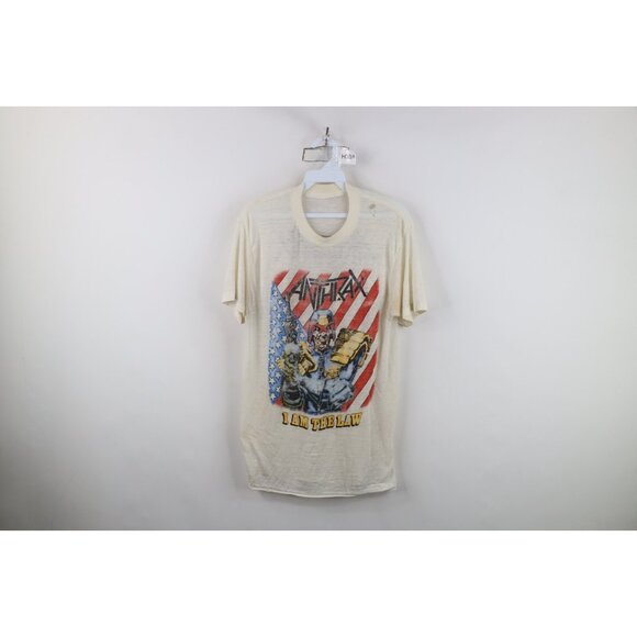 Vtg 80s Mens Small Thrashed Thin I Am The Law Anthrax Band T-Shirt White USA